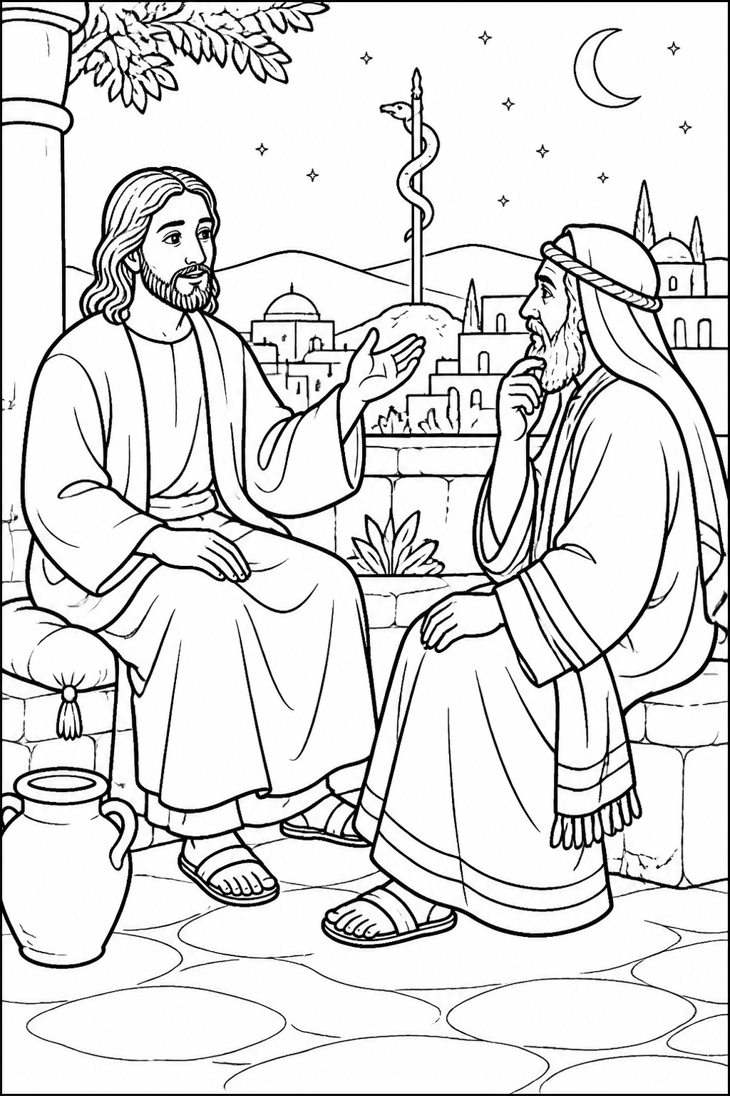 Jesus Gives a Wilderness Comparison from Jesus Teaches Nicodemus Bible coloring page