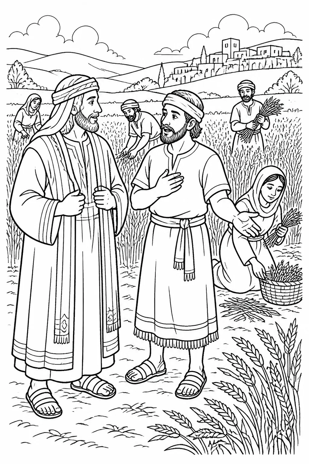 Boaz arrives in a grain field near Bethlehem and speaks with the overseer about Ruth, the Moabite woman who came with Naomi and has been gleaning since morning with a short rest.
