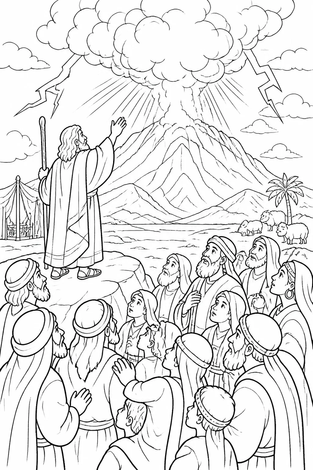 Moses and the people of Israel listen at Mount Sinai as God’s presence is represented by radiant cloud, fire, smoke, and holy darkness.