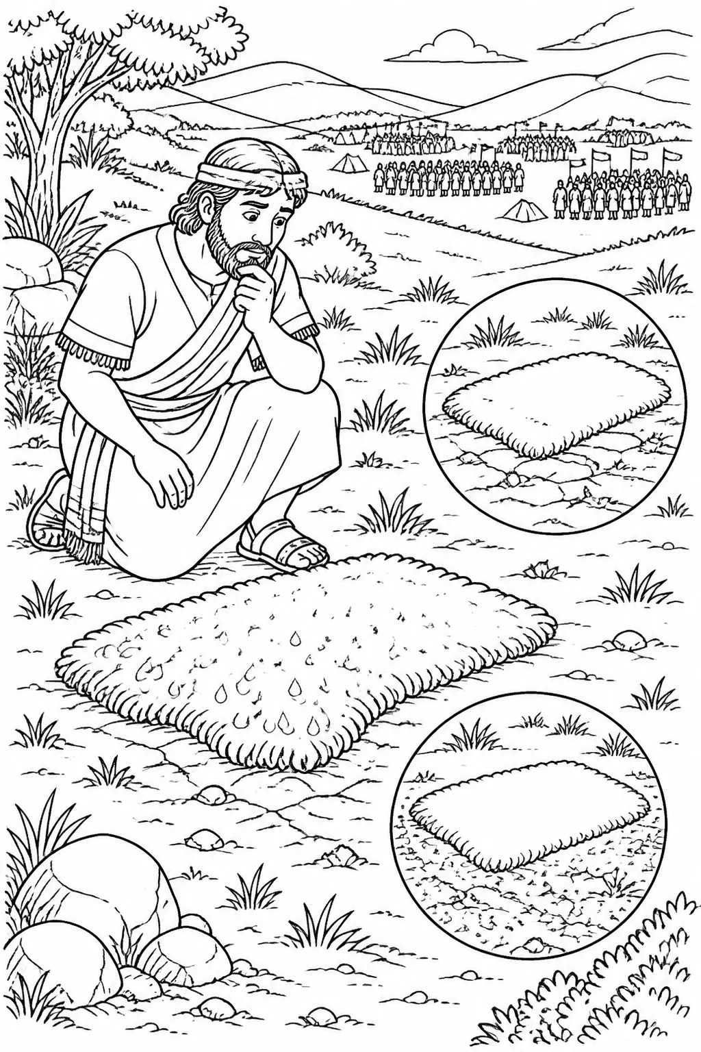 Gideon beside a fleece showing dew on the fleece and dry ground, with an inset showing a dry fleece and dew-covered ground.