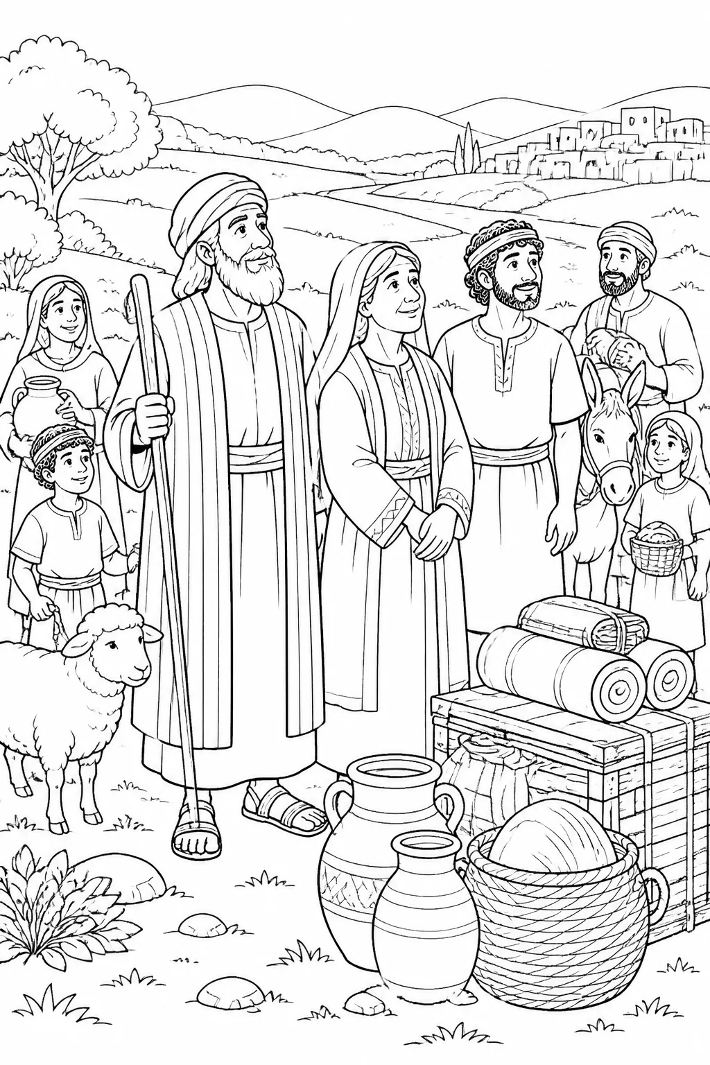 Abram, Sarai, Lot, and people from Abram’s household stand among possessions in the Canaan landscape after arriving from Haran.
