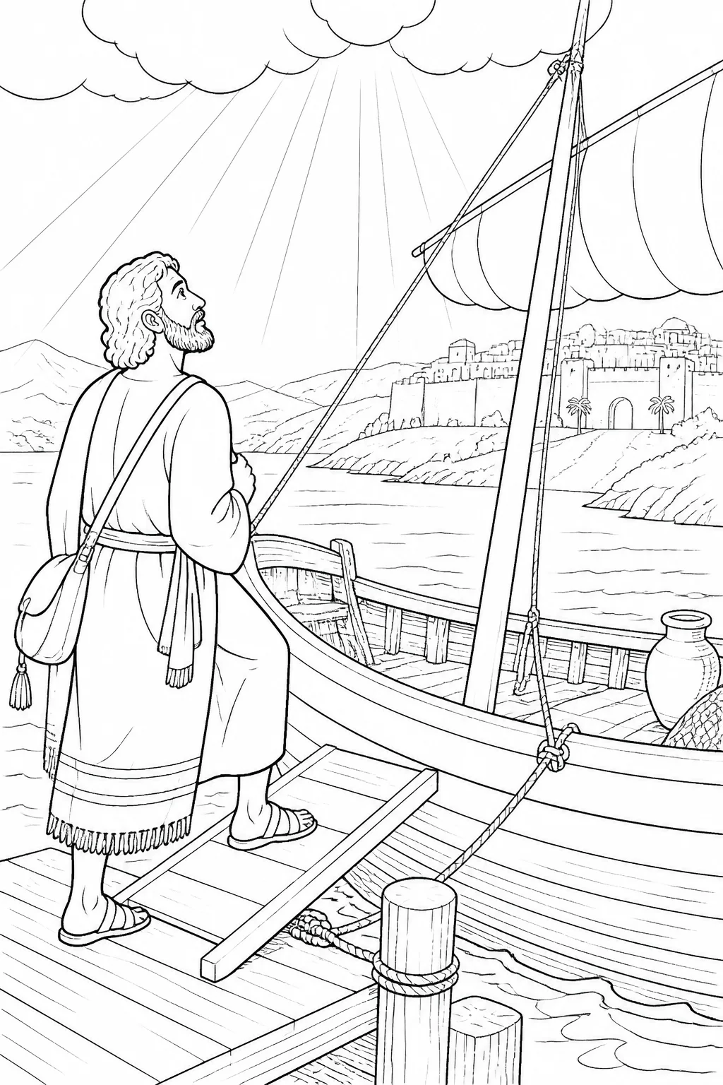 Jonah stands facing a distant view of Nineveh while a symbolic light from above represents the LORD’s command to go there.