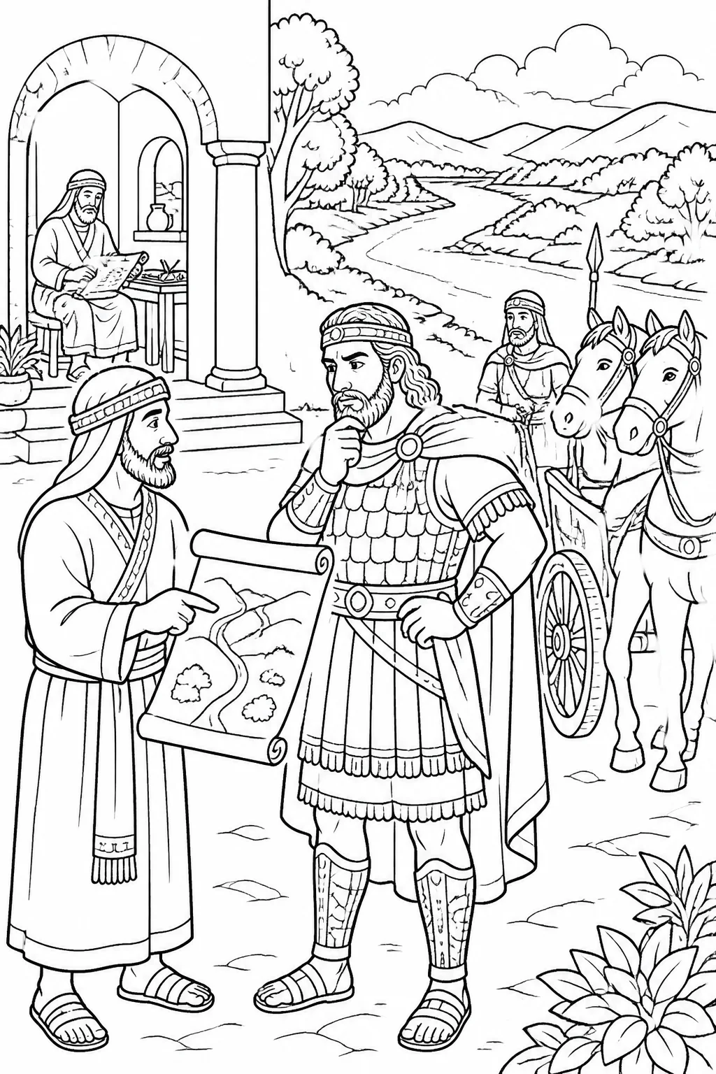 Naaman at Elisha’s house receives from Elisha’s messenger the instruction to wash seven times in the Jordan River, with Elisha nearby and horses and chariots present.