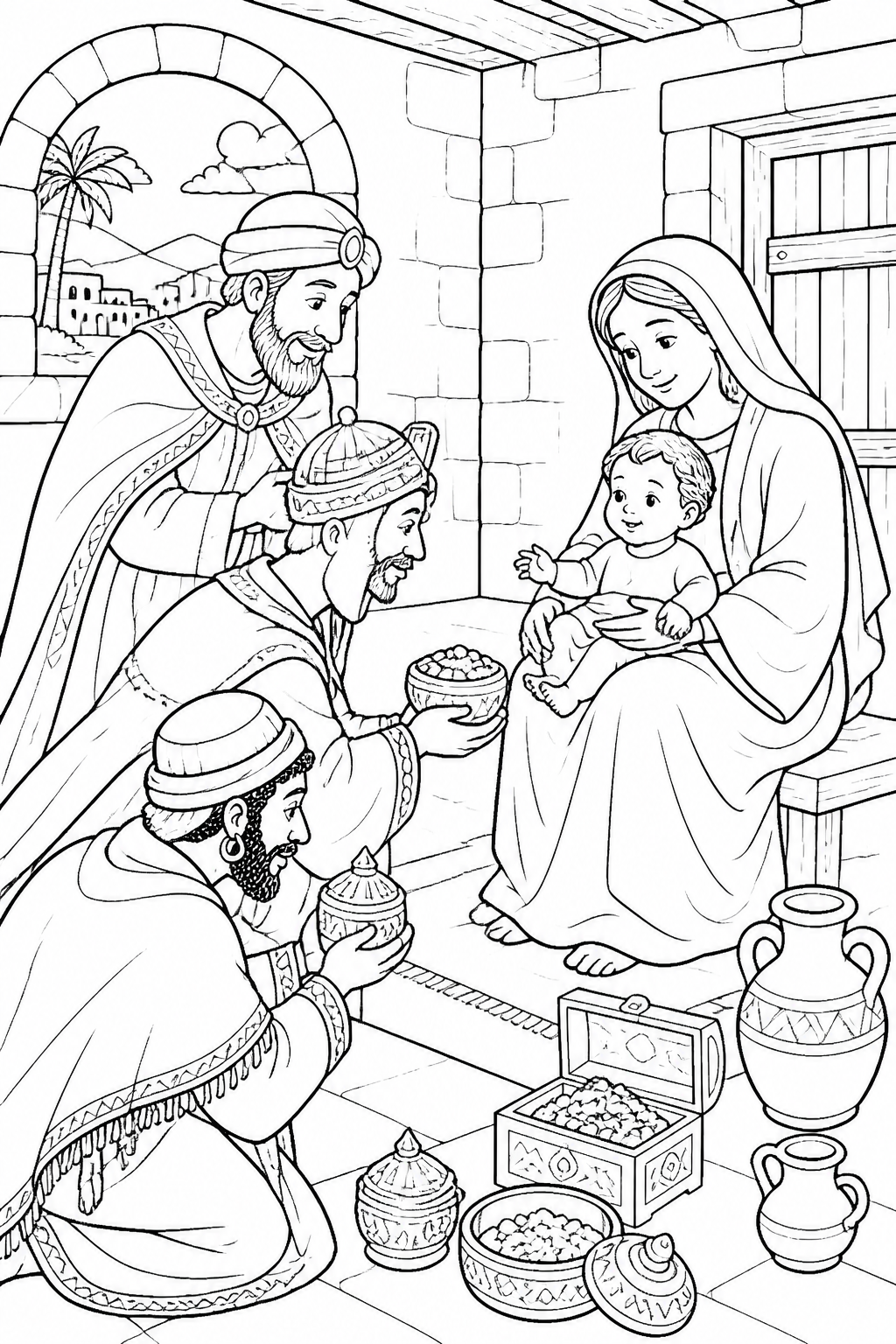 The Magi Worship Jesus from The Wise Men Visit Jesus Bible coloring page