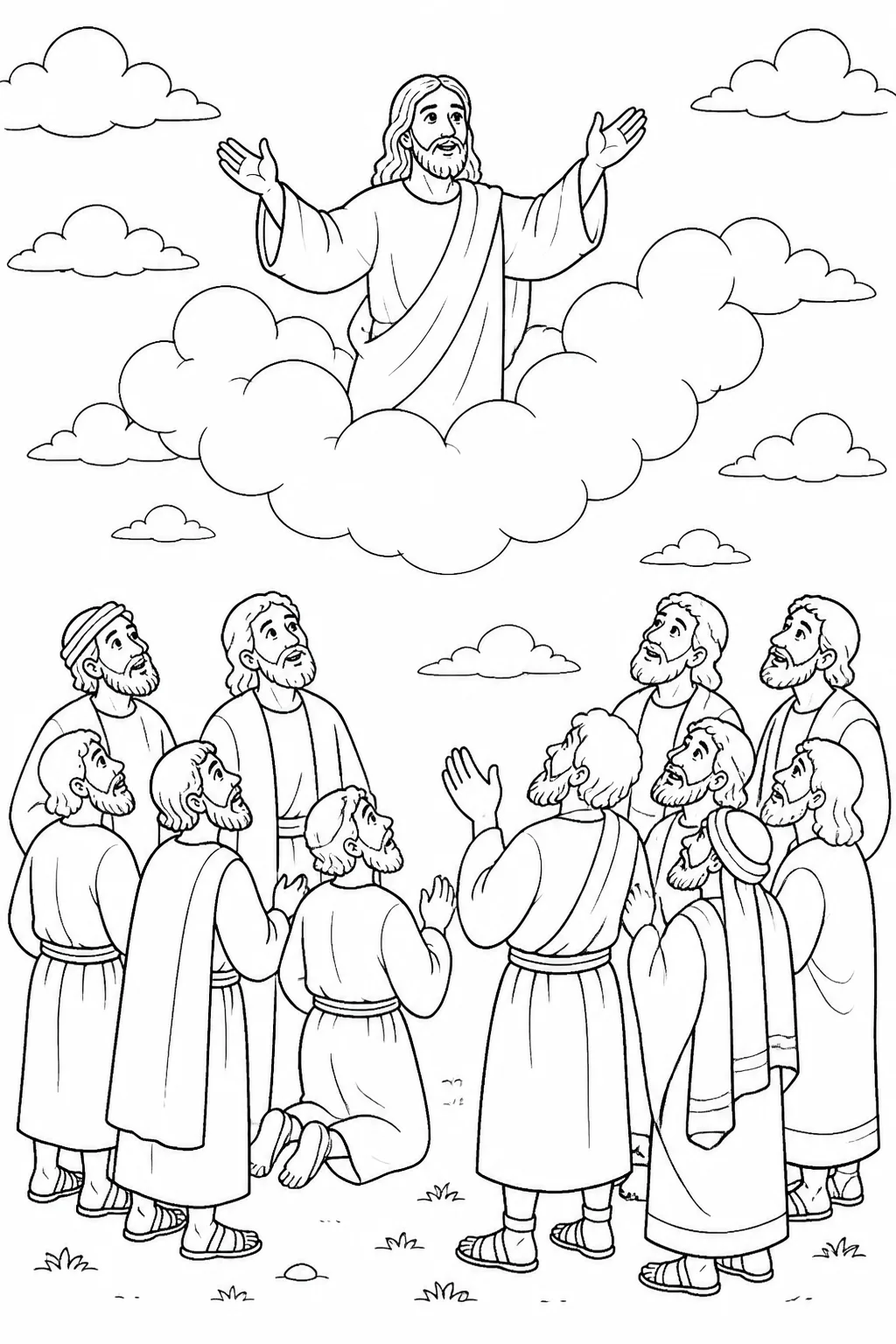 Jesus blessing the apostles as a cloud hides him from their sight beneath an open sky.