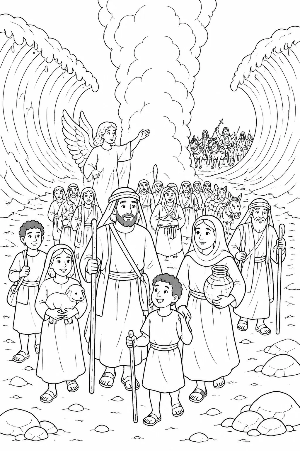 The Israelites cross the Red Sea on dry ground with walls of water on both sides while a pillar of cloud stands between them and the Egyptians.