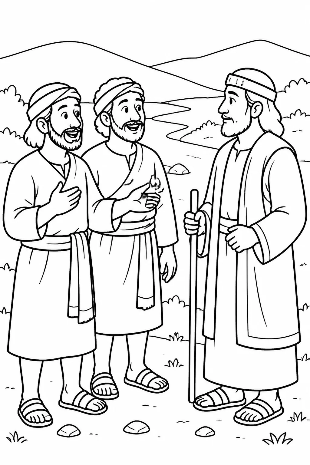 Joshua listens as two unnamed Israelite spies report their safe return from the hills and say that the LORD has given Israel the land.