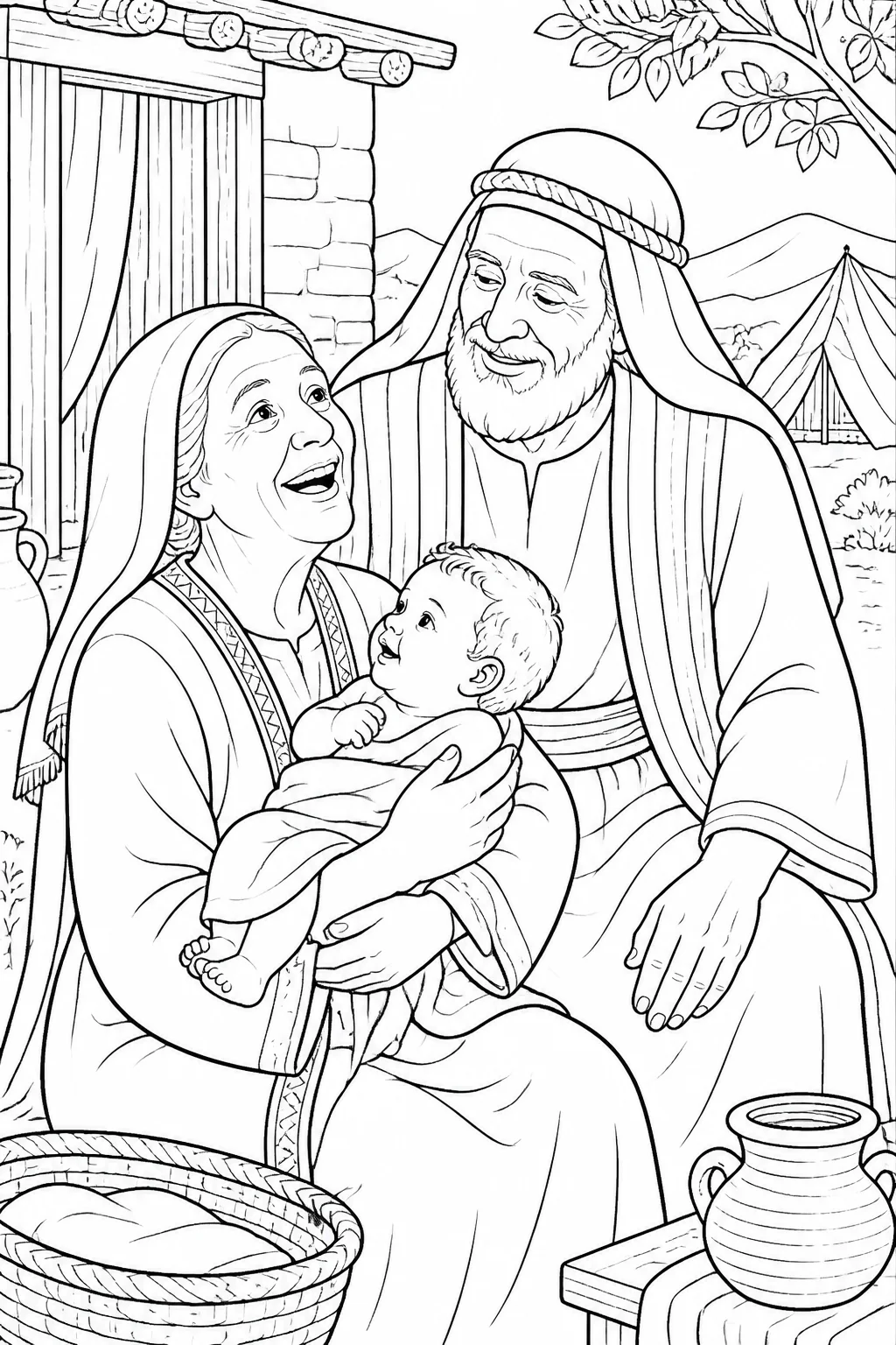 Sarah joyfully holds Isaac while Abraham stands beside her, reflecting Genesis 21:5-7 and Sarah’s wonder at Isaac’s birth in Abraham’s old age.
