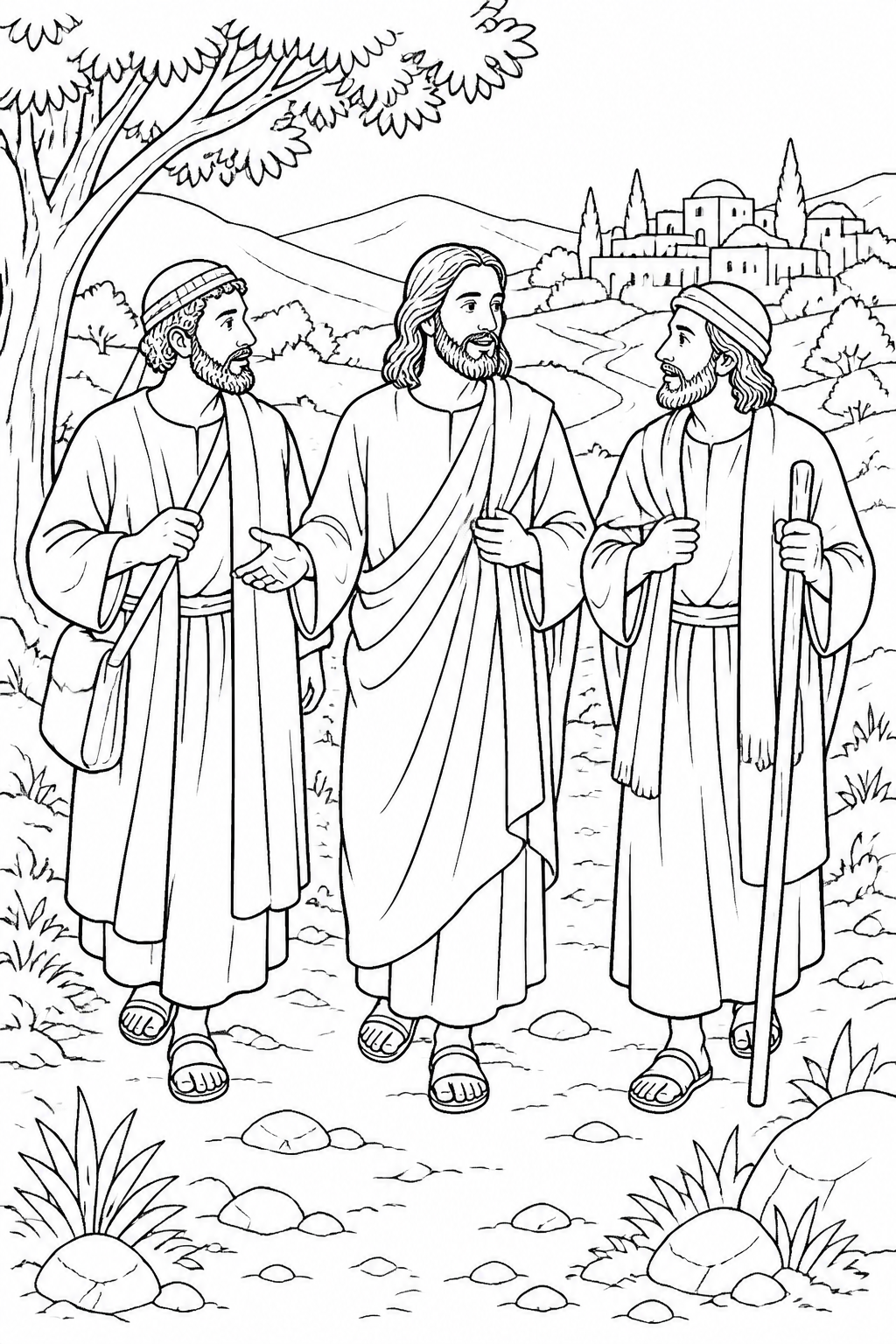 Jesus Walks Beside the Disciples from Jesus on the Road to Emmaus Bible coloring page