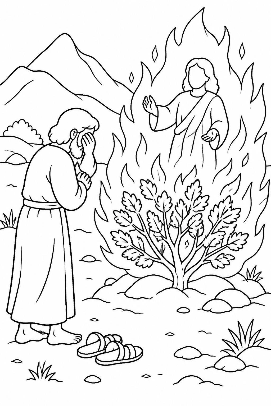 Moses Approaches the Burning Bush from Moses and the Burning Bush Bible coloring page