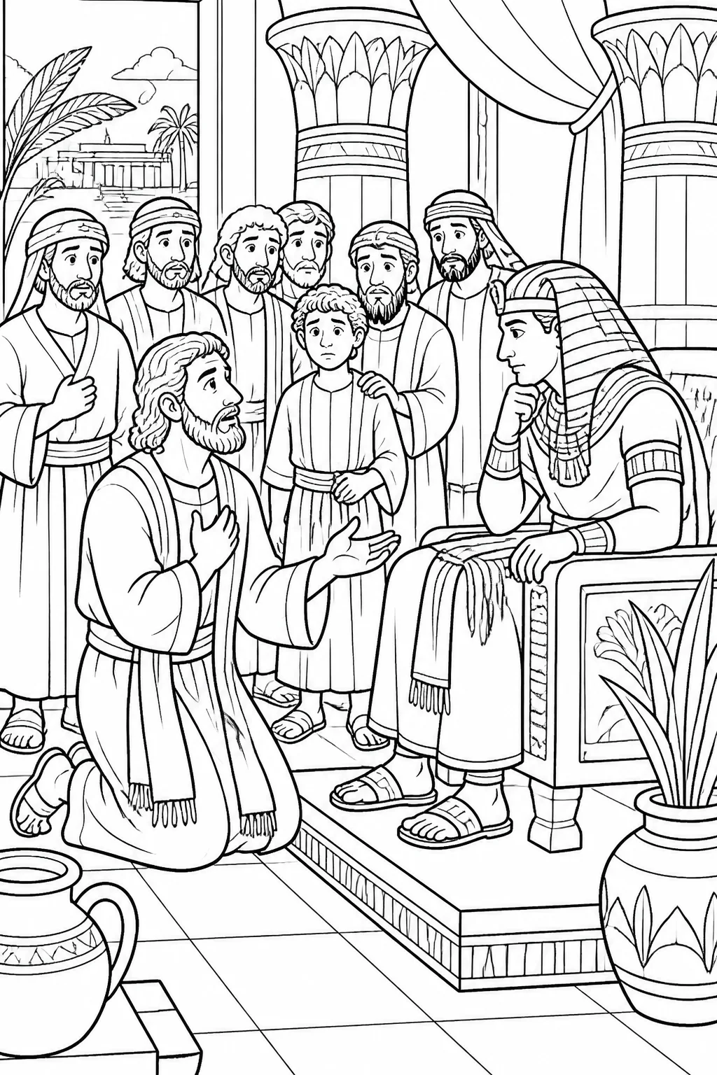 Judah speaks before Joseph in Joseph’s residence, offering to remain as a servant in Benjamin’s place while Benjamin and the other brothers stand nearby.