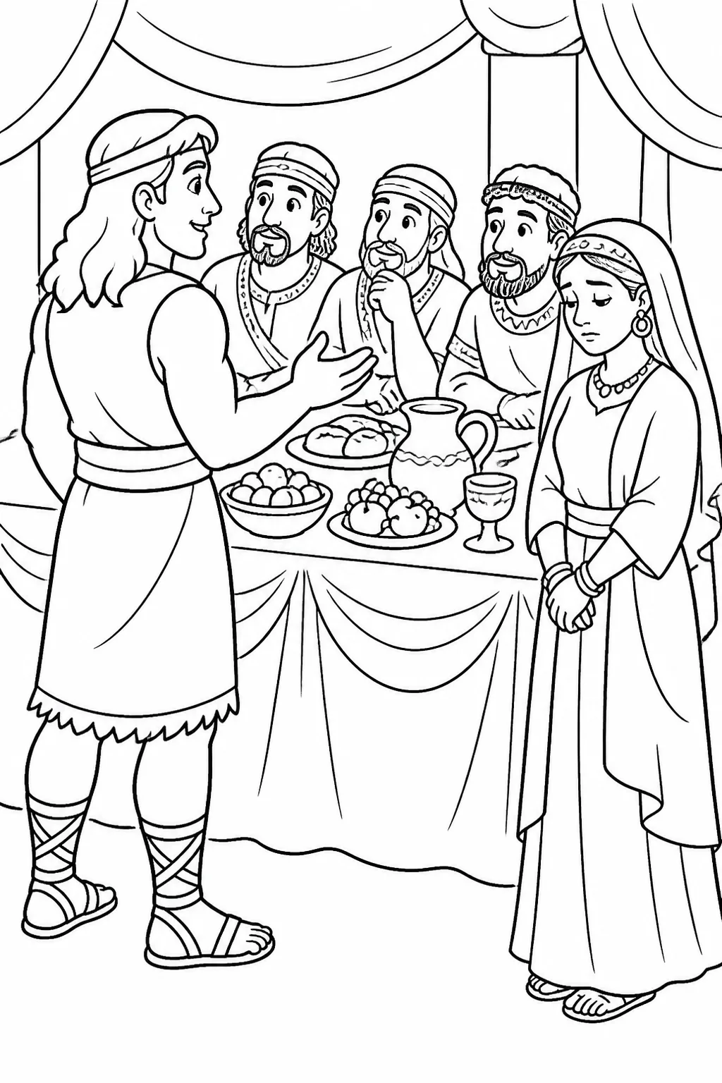 Samson faces Philistine companions at a Timnah wedding feast while his Timnahite wife stands nearby, suggesting broken trust around the riddle.