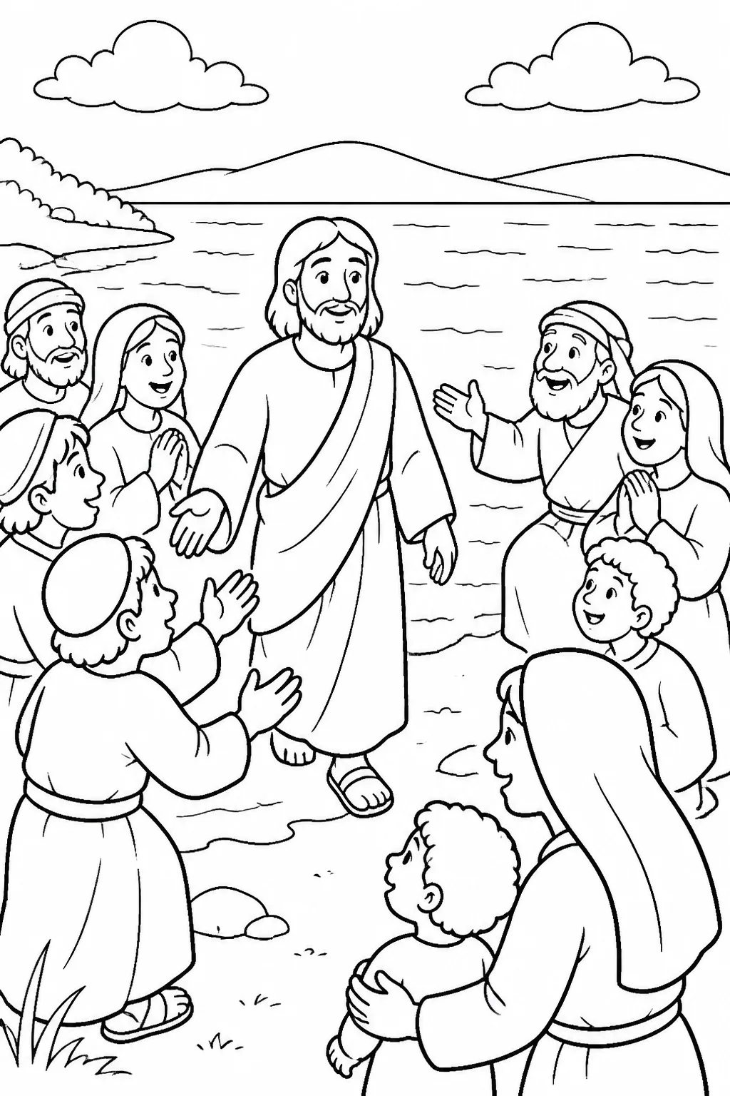 Jesus steps toward a lakeshore as a large crowd gathers around him, illustrating Mark 5:21.