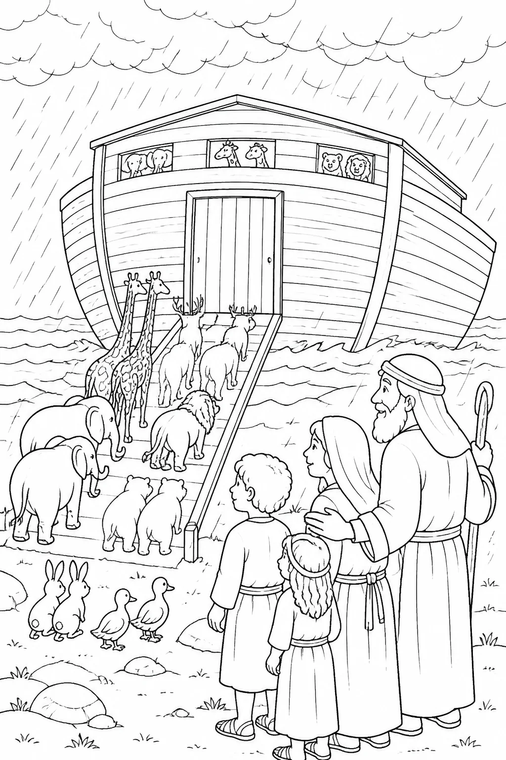 Ark Door Closed as Rain Begins from Noah’s Ark Bible coloring page