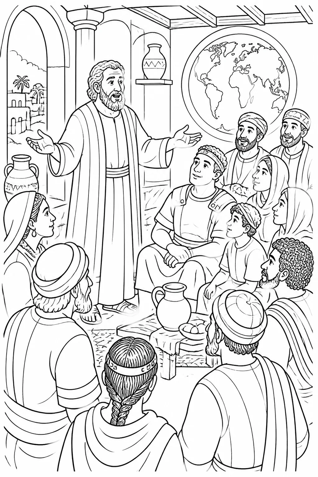 Peter speaking inside Cornelius’s house to Cornelius’s relatives, close friends, and guests from different backgrounds, illustrating Acts 10:34–43.