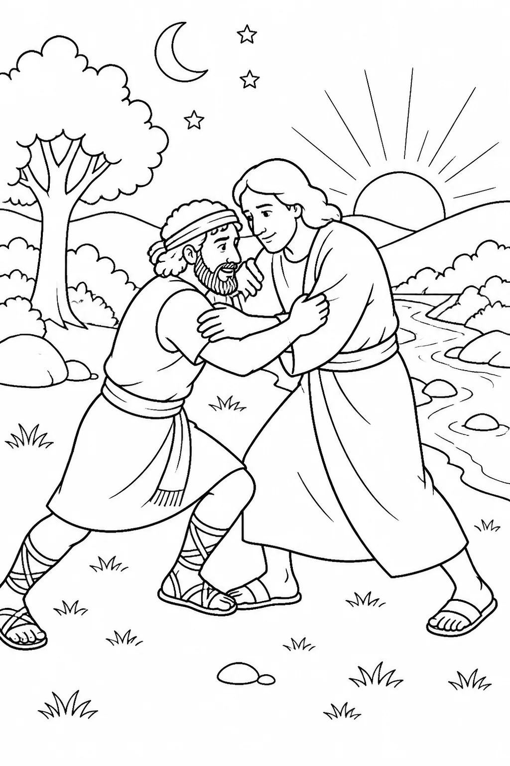Jacob and an unnamed man in a respectful, non-graphic wrestling pose near the Jabbok area as night changes toward dawn.