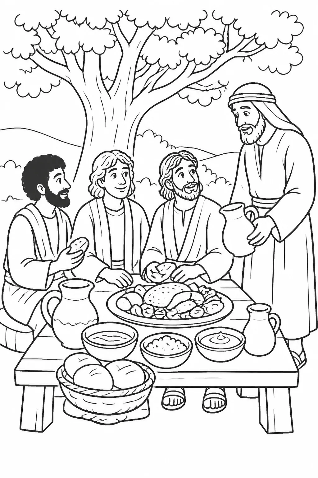 Abraham serves water and a meal of bread, prepared food, curds, and milk to three visitors beneath a tree near his tent.