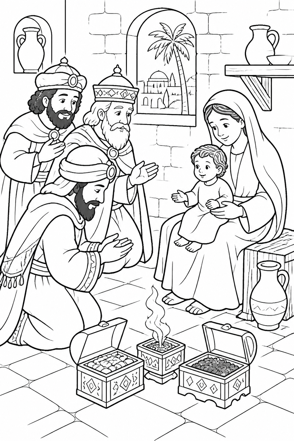 The Magi Worship Jesus from The Wise Men Visit Jesus Bible coloring page