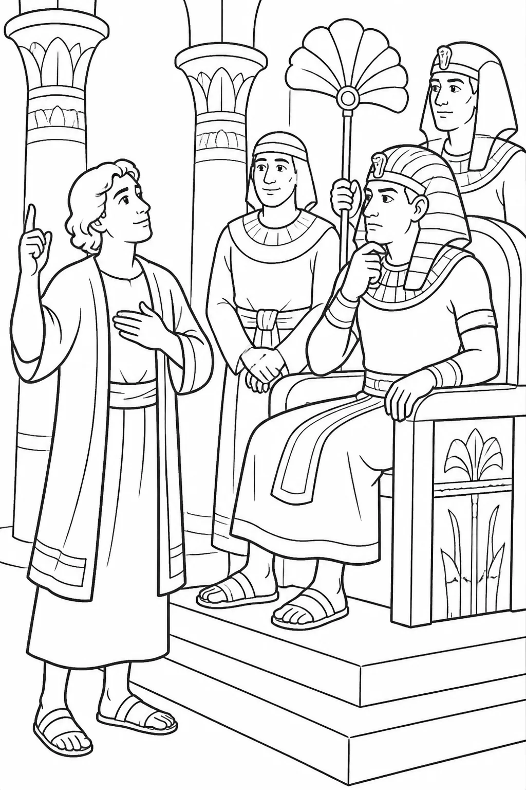 Joseph stands before Pharaoh in a palace, with servants nearby, respectfully indicating that God gives the answer to Pharaoh’s dreams.