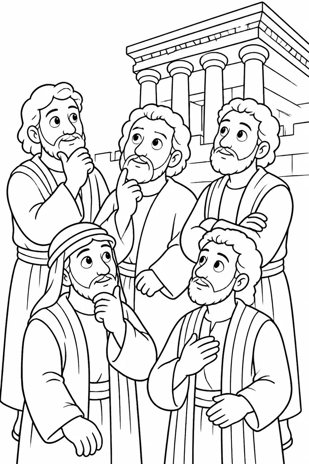 Jesus’ disciples near the temple, thoughtfully remembering the Scripture about zeal for God’s house, with a small scroll as a visual aid.