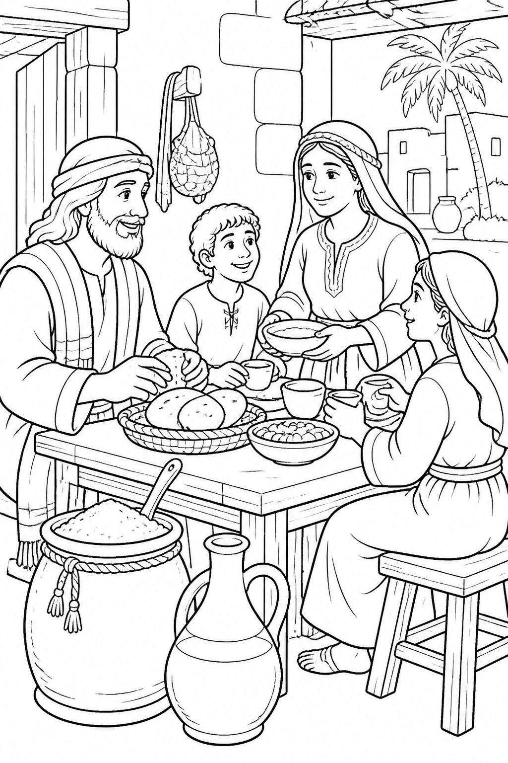 Food for Elijah and the Household from Elijah Is Fed by Ravens Bible coloring page