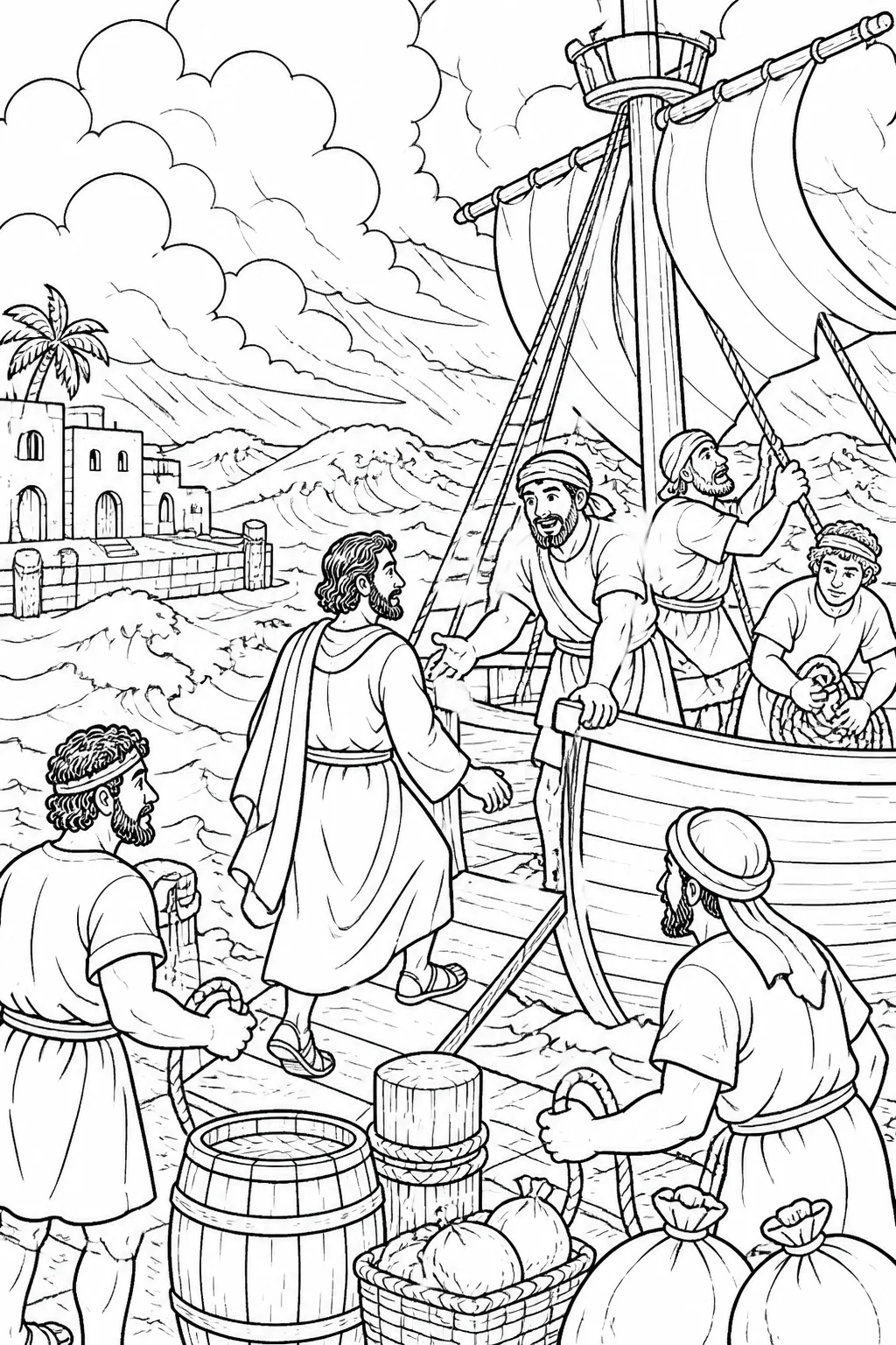 Jonah boards a ship at Joppa to travel toward Tarshish instead of going to Nineveh, as described in Jonah 1:3.