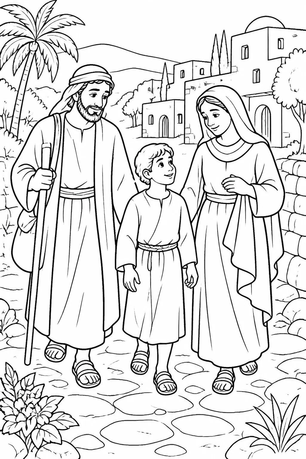 Jesus with Mary and Joseph in Nazareth, illustrating Luke 2:51–52 and Jesus’ obedience and growth.