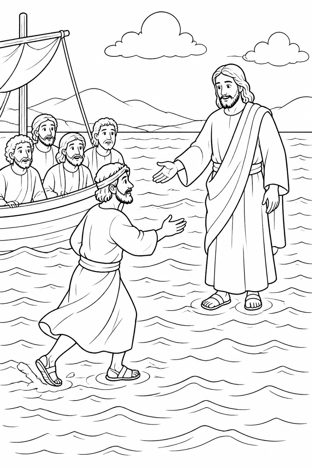 Peter Answers Jesus’ Call from Jesus Walks on Water Bible coloring page