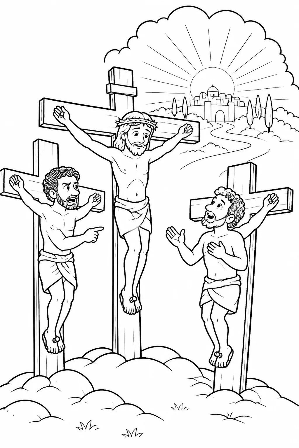 Jesus between two unnamed criminals at the crucifixion, with one asking Jesus to remember him and a peaceful symbolic representation of paradise.