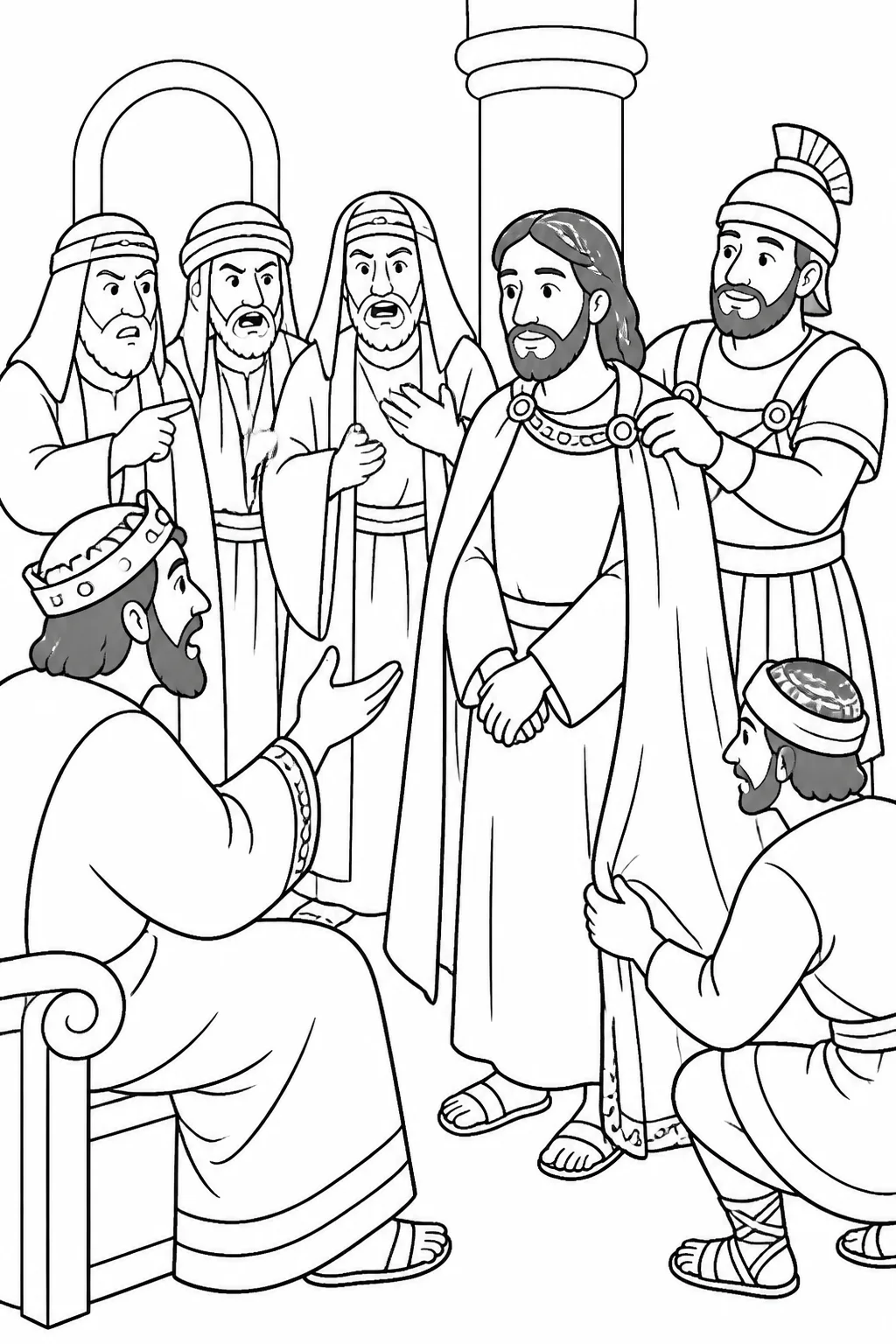 Jesus standing quietly before Herod Antipas while chief priests and scribes accuse him and soldiers place splendid clothing on him, based on Luke 23:6–12.