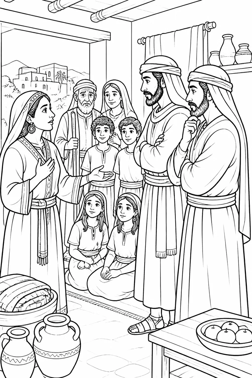 Rahab asks two unnamed Israelite spies for a promise to protect her family and household, based on Joshua 2:12-14.