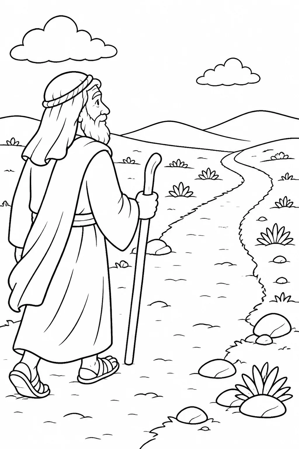 Abram continuing along an open path toward the Negev, with the journey intentionally unfinished.