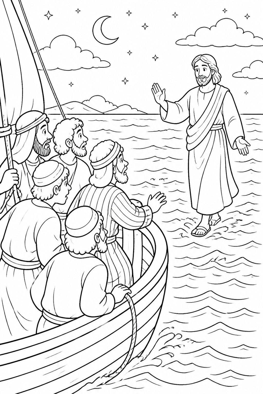 Jesus Reassures the Disciples from Jesus Walks on Water Bible coloring page
