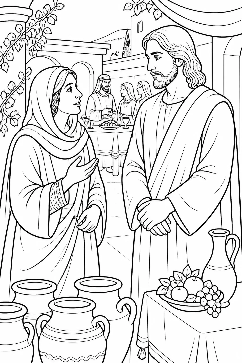 Jesus and his mother having a respectful conversation in a simple wedding setting at Cana after the wine has run out.