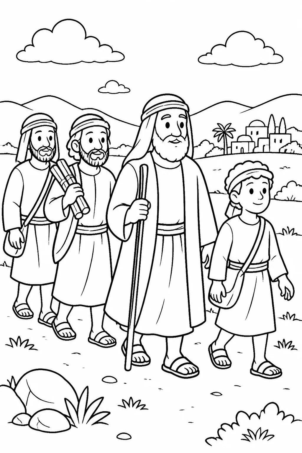 Abraham, Isaac, and two servants traveling together toward Beersheba in a calm landscape, representing their return in Genesis 22:19.