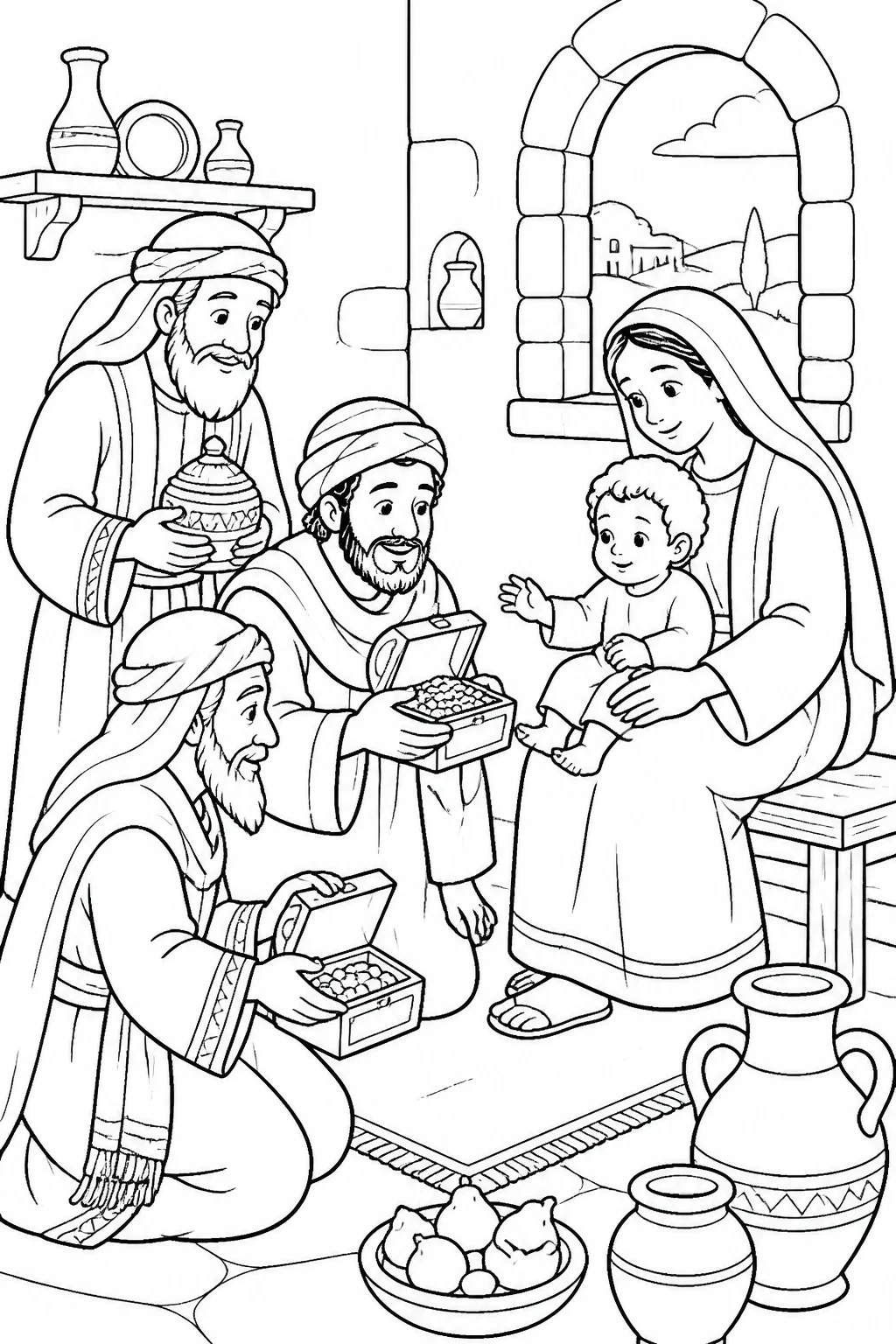 Magi from the east present gold, frankincense, and myrrh to Jesus in a house while Mary, Jesus’s mother, stands nearby.