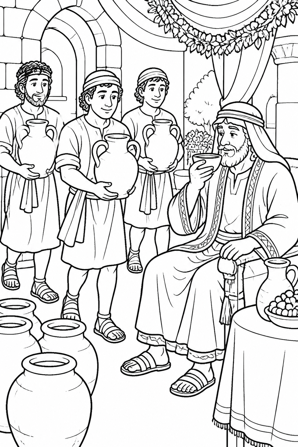 The Servants Carry the Sign from Jesus Turns Water into Wine Bible coloring page