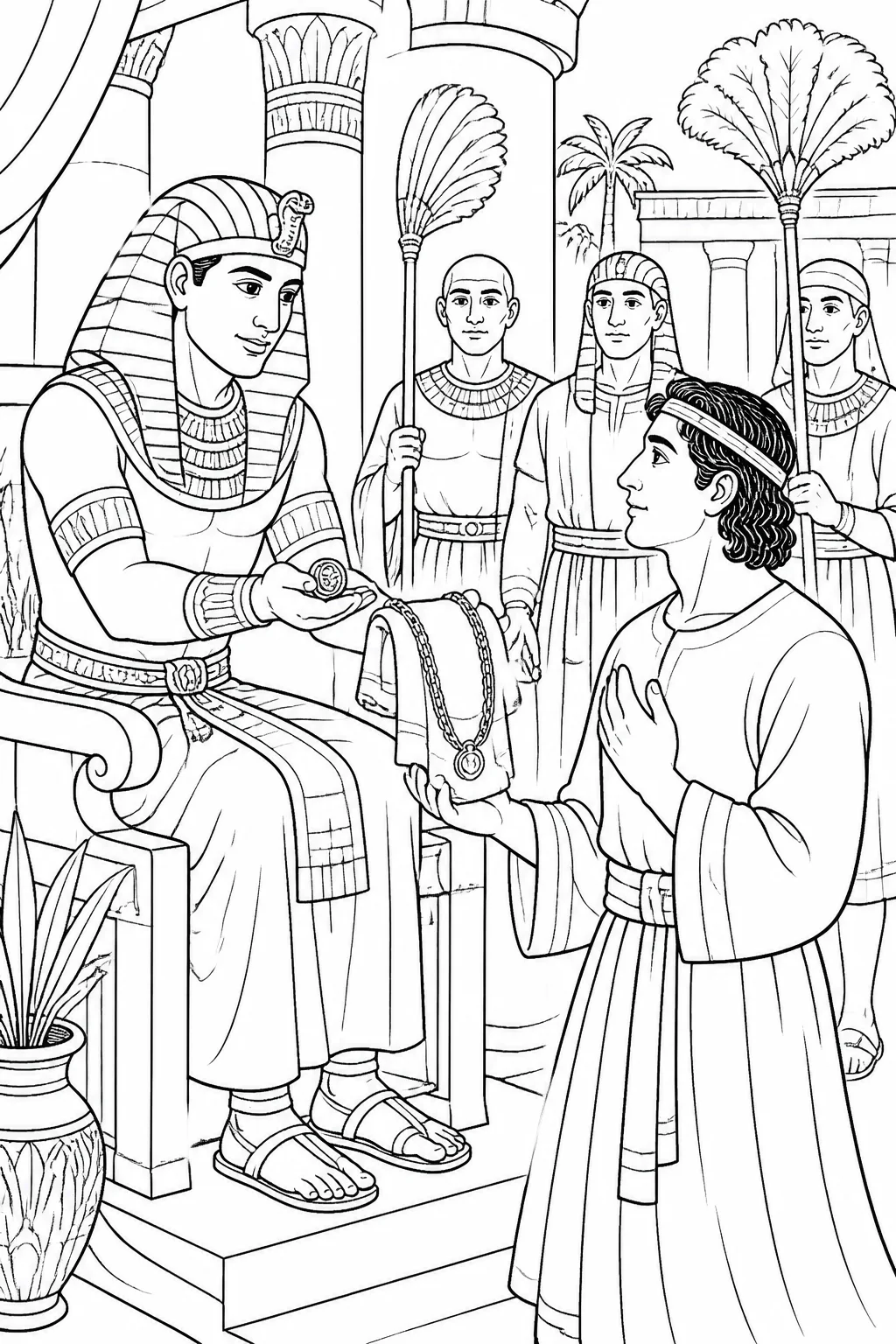 Pharaoh presents Joseph with a signet ring, fine linen clothing, and a gold chain as he appoints Joseph over Egypt, with Pharaoh’s servants nearby.