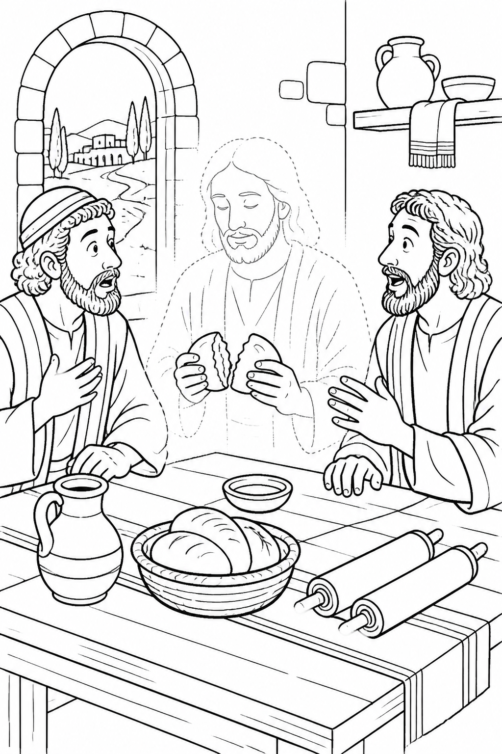 They Recognize Jesus in the Breaking of Bread from Jesus on the Road to Emmaus Bible coloring page