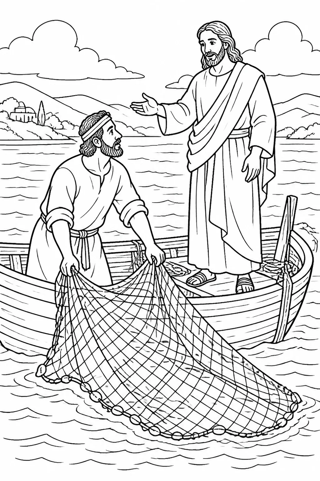Jesus directs Simon in a boat on deep water to lower the fishing nets after a night with no catch.