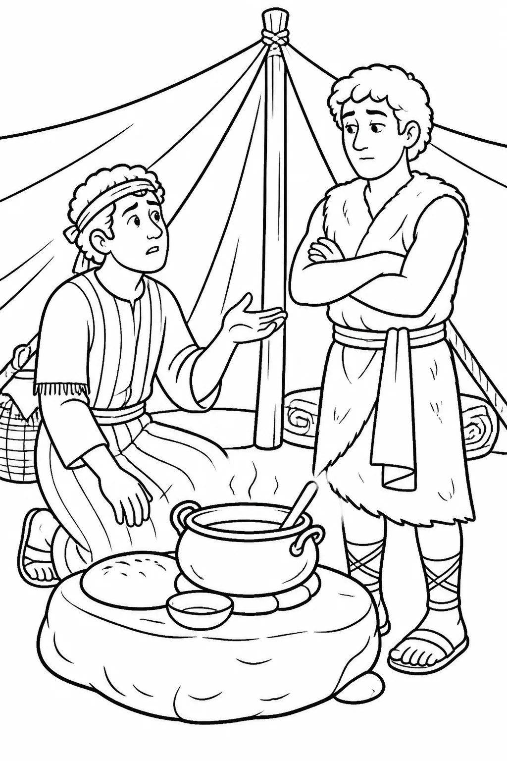 Jacob and Esau face one another beside stew and bread in a tent setting as Jacob asks Esau to sell his birthright before receiving the meal.