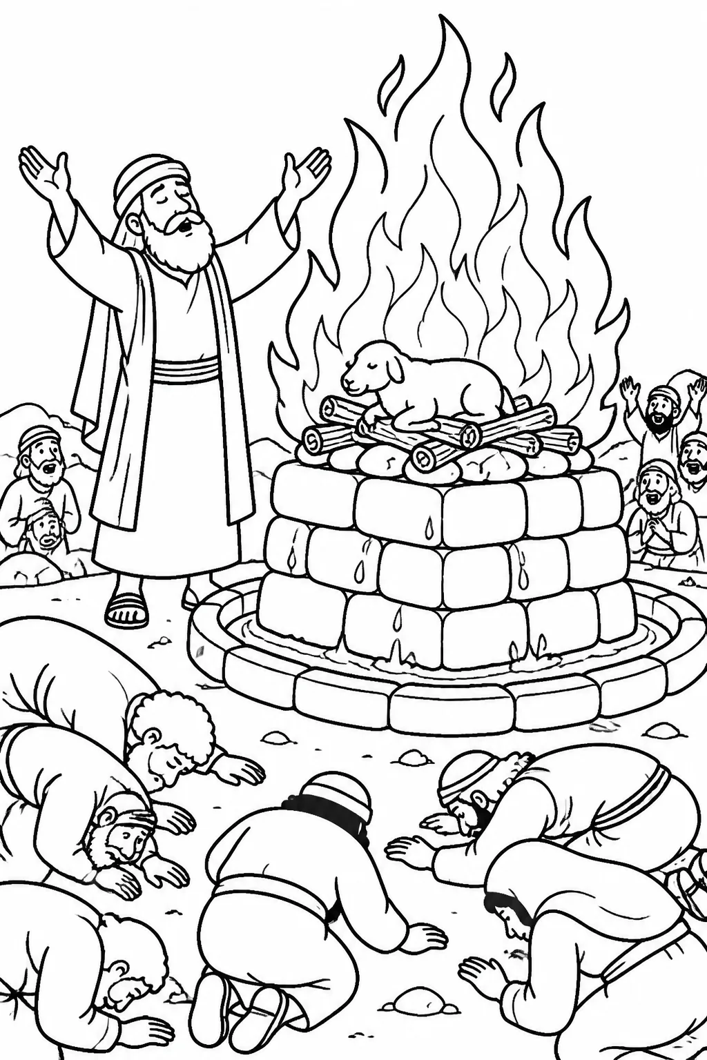 Elijah prays beside the thoroughly soaked LORD’s altar at Mount Carmel as fire from the LORD consumes the offering, wood, stones, dust, and water, while the people respond.
