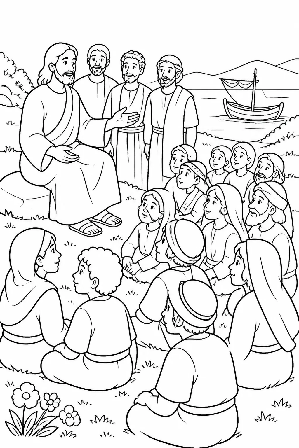 Jesus teaching a large crowd in a solitary outdoor place while the disciples stand nearby and a boat is present.
