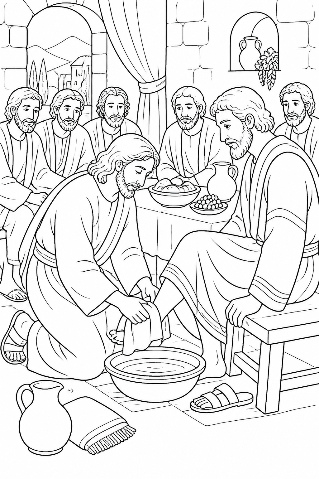 Jesus Serves with a Basin and Towel from Jesus Washes the Disciples’ Feet Bible coloring page