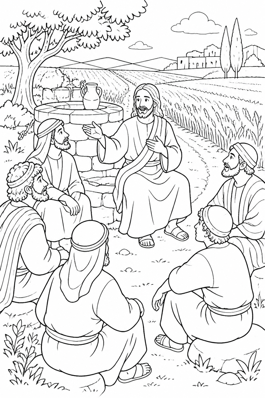 The Harvest Jesus Describes from Jesus and the Samaritan Woman Bible coloring page