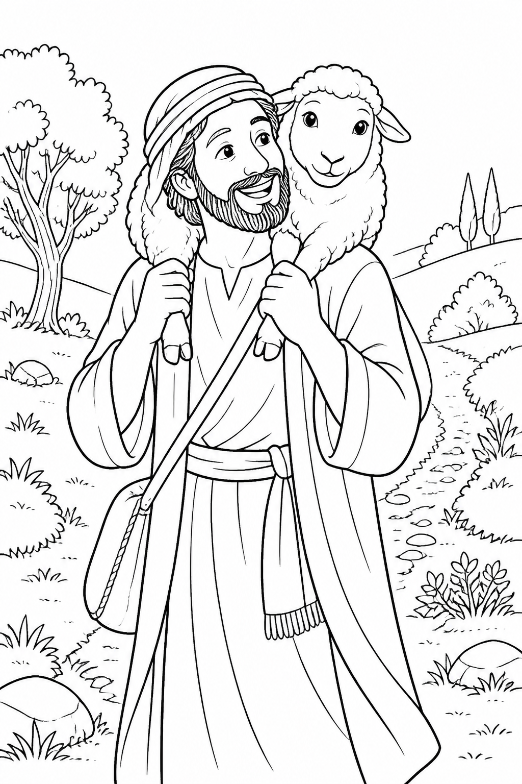 The Shepherd Carries the Found Sheep from The Parable of the Lost Sheep Bible coloring page