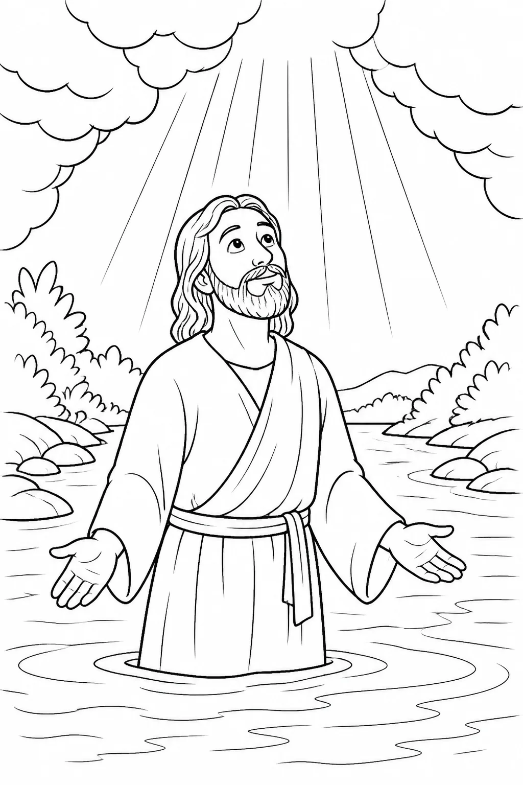 Jesus at the Jordan River beneath opened heavens as a voice from heaven declares him God’s beloved Son and expresses God’s pleasure in him.