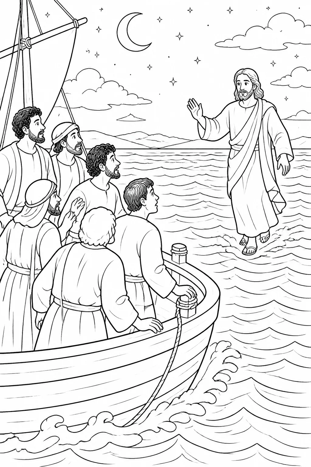 Jesus approaches a boat of disciples on the sea at night and reassures them as gentle waves move around the boat.