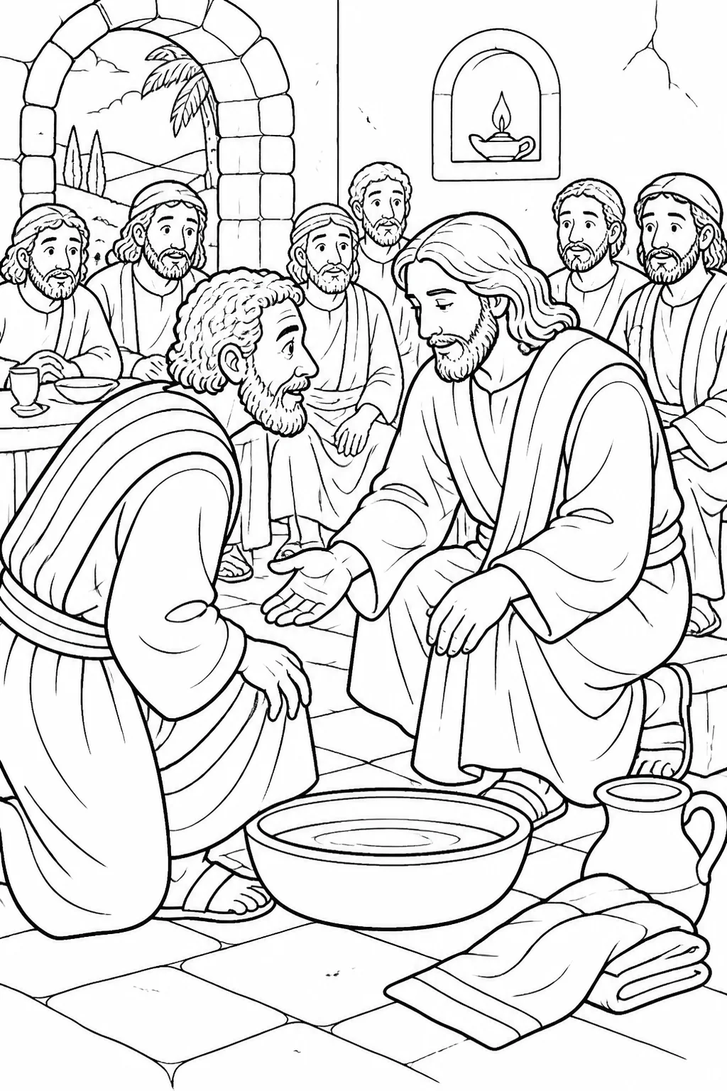 Jesus and Simon Peter beside a basin of water as Peter turns toward Jesus after initially refusing to be washed.