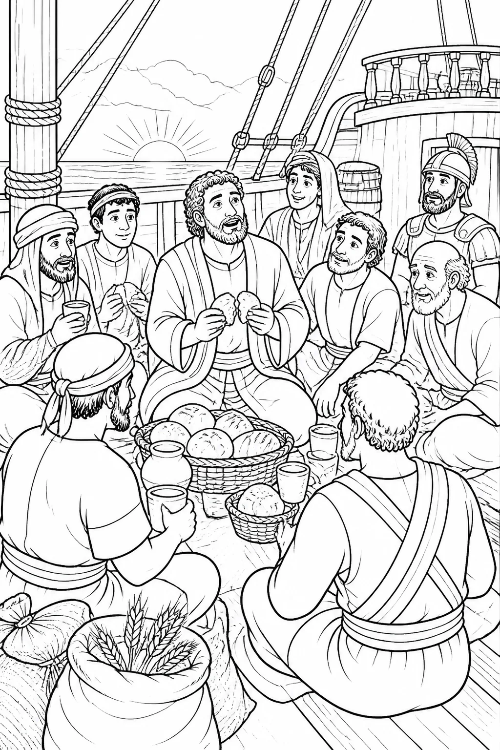 Paul gives thanks before breaking bread and sharing food with sailors, soldiers, and prisoners on a ship’s deck before dawn.
